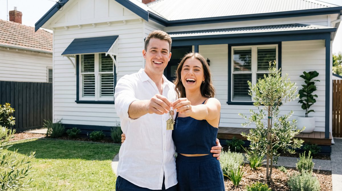 A smiling couple holding up a house key in front of a white weatherboard villa with navy trim and a newly planted front garden
